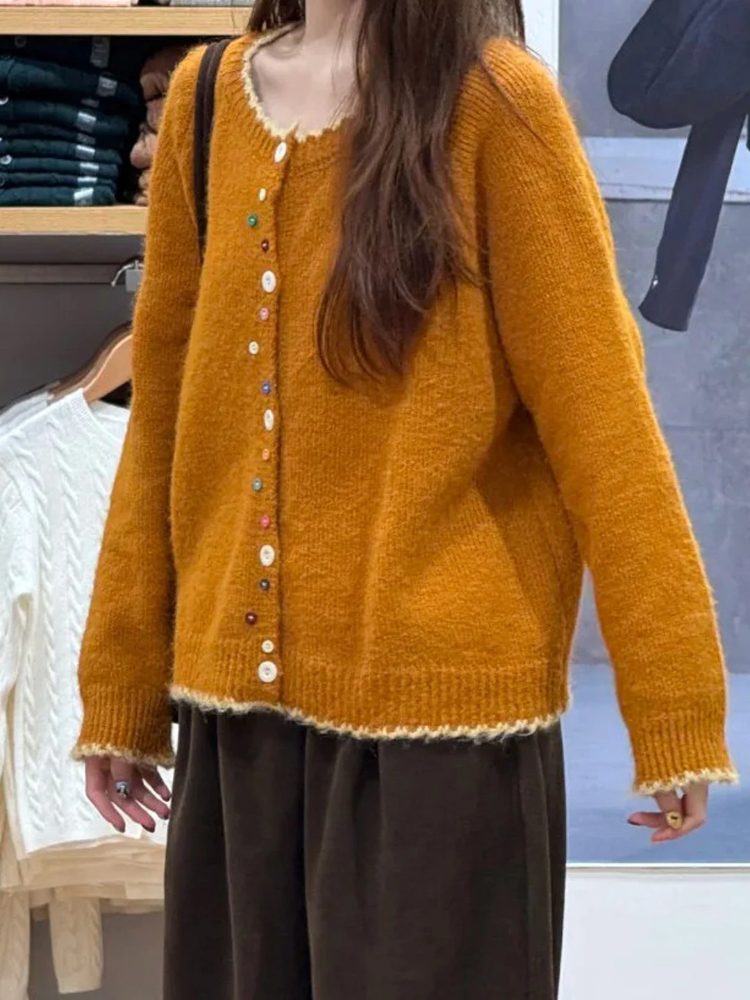 Ladies' Knitted Pumpkin Orange Cardigan Bear Velvet Spring Autumn Inner Wear Casual Loose Style Polyester Fiber Long Sleeve
