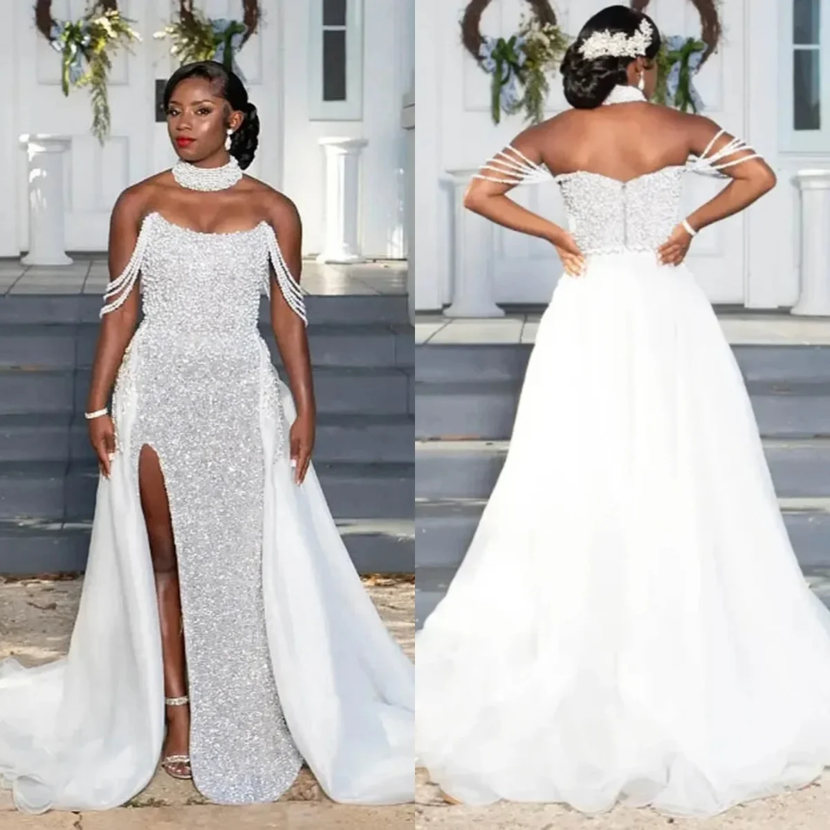 ชุดแต่งงานนางเงือกที่มีเสน่ห์ ประดับด้วยไข่มุกและเลื่อม ชุดเจ้าสาวแบบไร้สาย ดีไซน์หรูหรา ผ่าสูง ยาวกรอมพื้น สามารถสั่งตัดได้