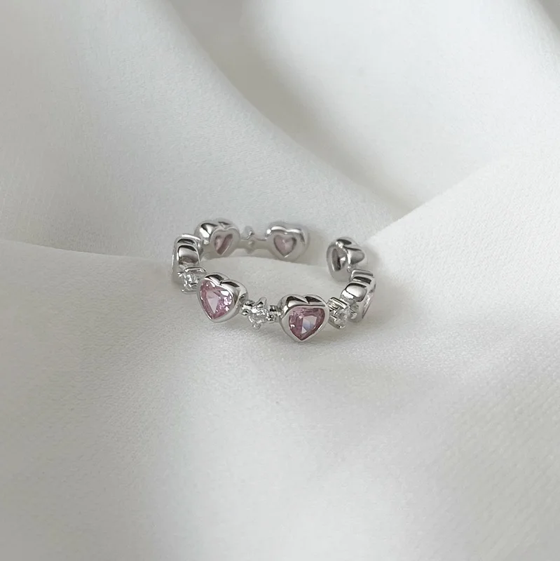 Minimalist 925 Sterling Silver PInk Heart CZ Rings for Women Fashion Creative Irregular Geometric Birthday Party Jewelry Gifts