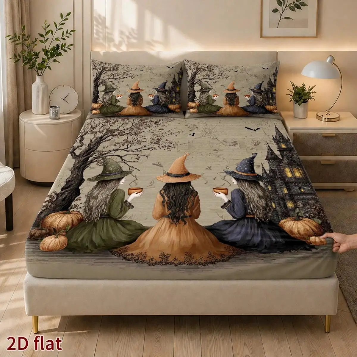 2D Flat Priting, Mattress Protector, Elastic Fitted Sheet Cover, King/Twin/Queen Size, Three Witches Autumn Gathering Theme, Watercolor Hand-Painted Style, Suitable for All Seasons, Machine Washable, Universal for Home Master Bedroom, Dormitory, Guest Room, Dustproof and Stain-Resistant, Easy to Store, High Elastic Fit, Soft and Comfortable, Holiday Decoration