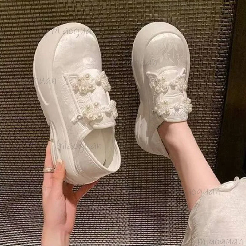 Women's Thick Sole Slip-On Sneakers Pearl Bowknot Platform Casual Shoes Chinese Hanfu Style Lolita Comfortable Sapato Feminino