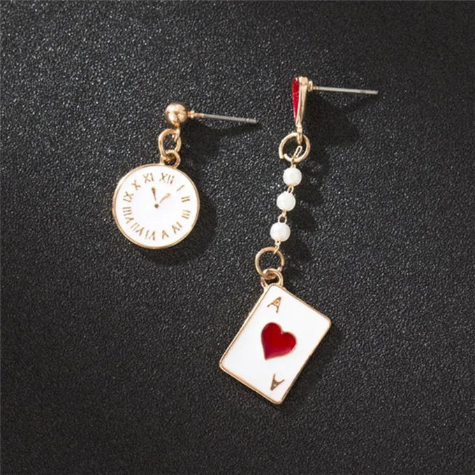 Asymmetric Earrings Poker Clock Dangle Earrings For Women Girls Long Imitation Pearls Brincos Jewelry