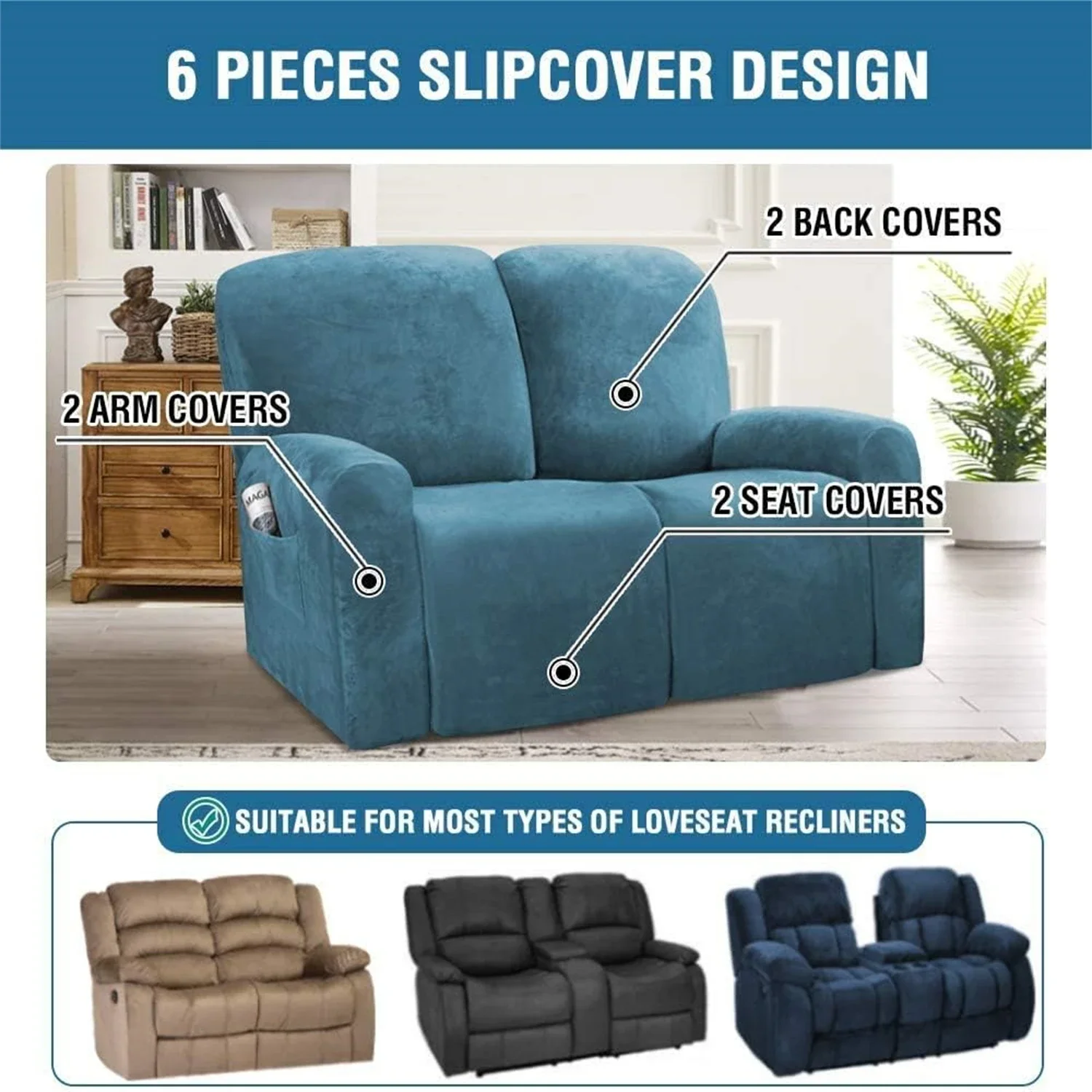 Velvet Stretch Recliner Couch Covers 6-Pieces Style Recliner Slipcover 2-Seater Non Slip Form Fitted Thick Soft Washable