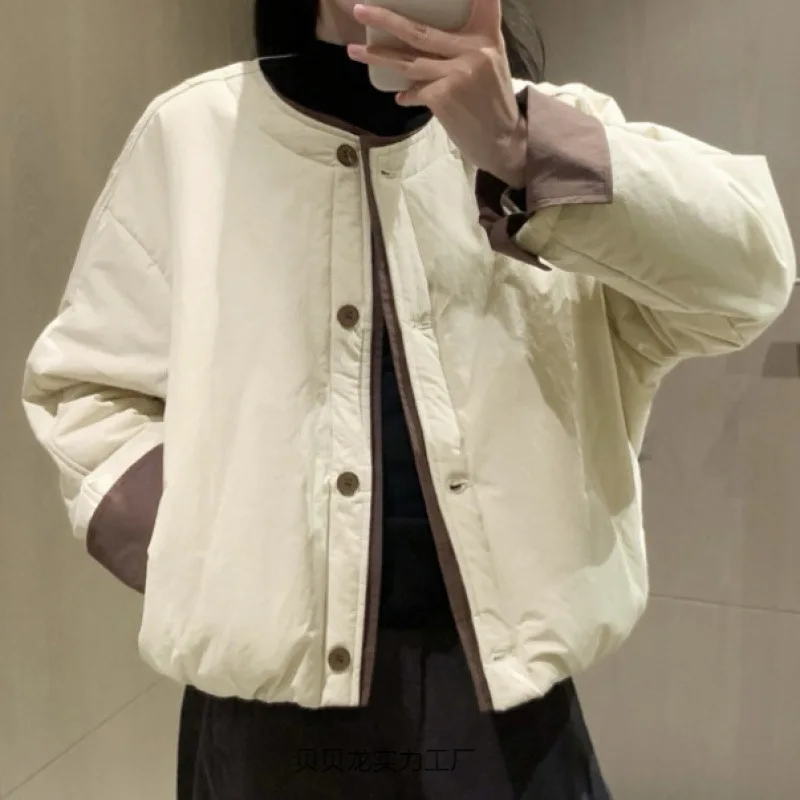 2025 Autumn and Winter New Round Neck Short Color Blocked Cotton Jacket for Women Small and Stylish Versatile Casual Warm