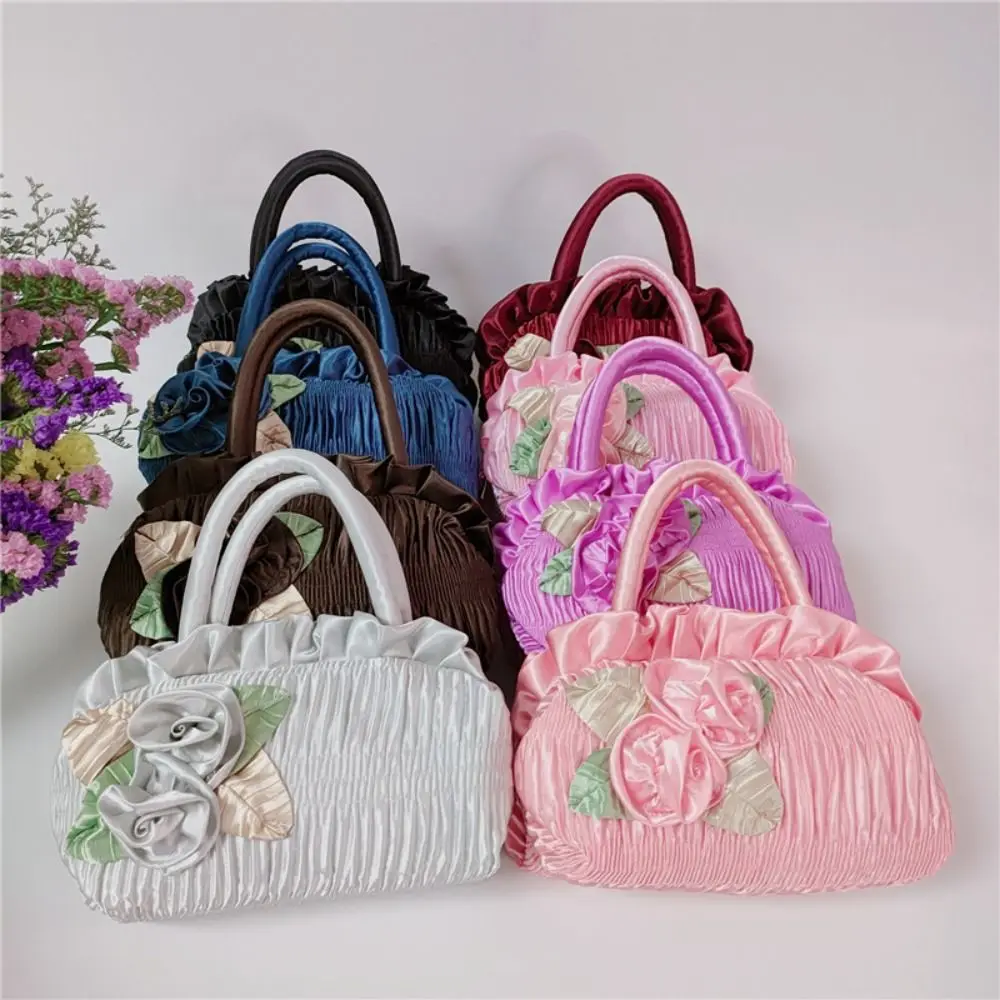 Leaf Hanfu Rose Flower Handbag Satin Silk Ruffle Zipper Flower Tote Bag Cosmetic Makeup Bag Korean Ethnic Style Wrist Bag