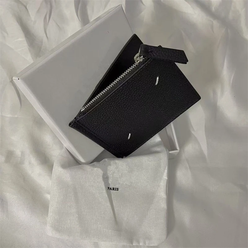 Cowhide Black Card Bag Dollar Clip Design Men's and Women's Minimalist Leather Change Bag Zipper Wallet