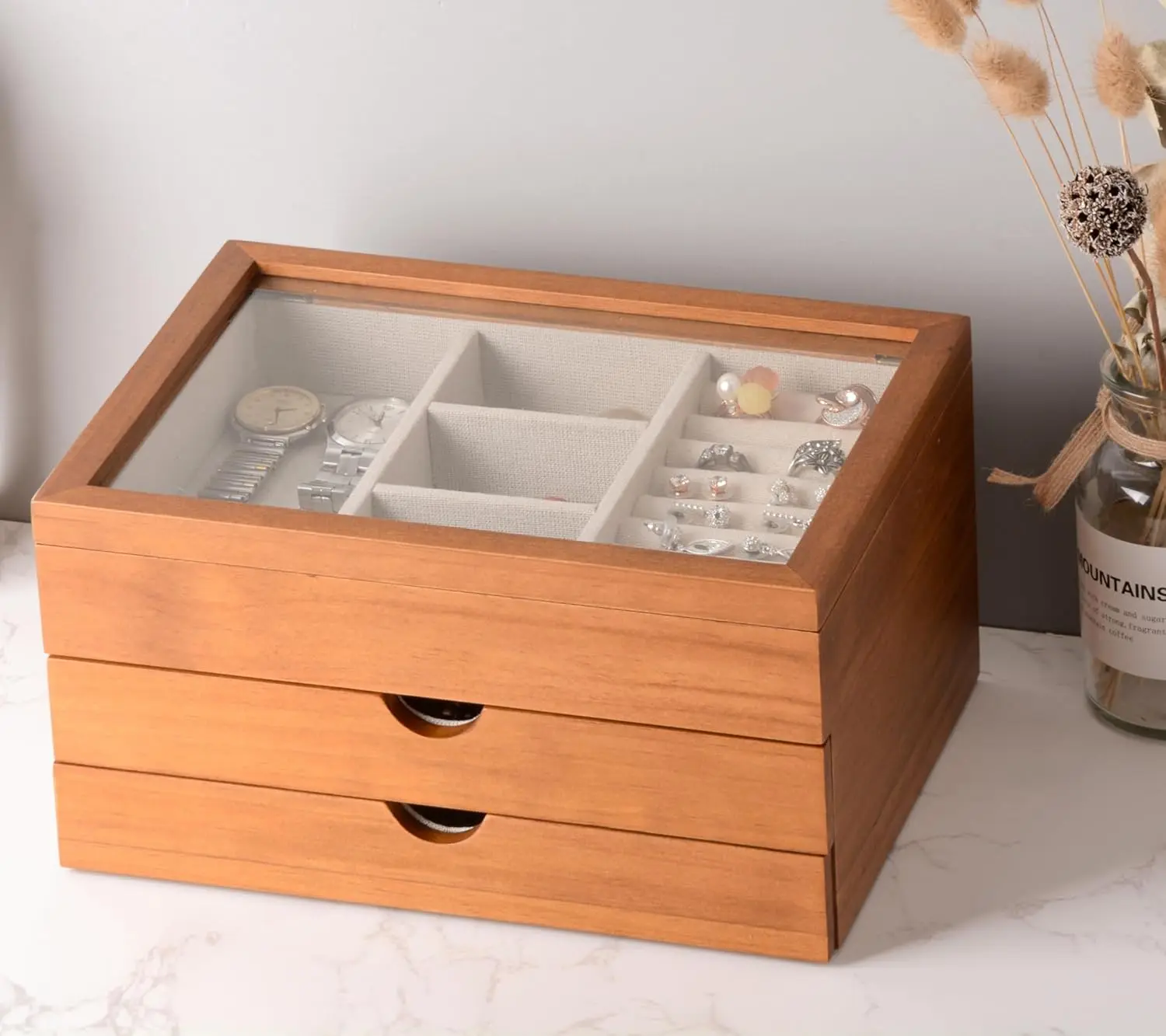 

Jewelry Box with Glass Lid, 3-Layer Jewelry Organizer for Women, Solid Wooden Jewelry Box Display for Rings and Earrings