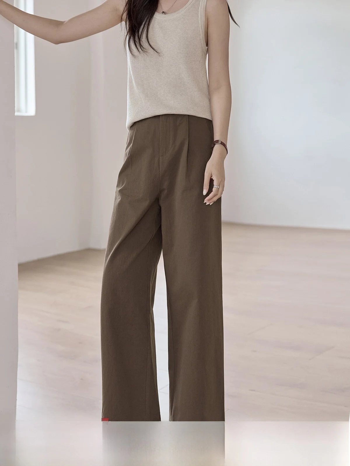 

Brown High Waist Straight Leg Casual Pants Women's Summer New Style Retro Pleated Versatile Slimming HUIXI Drawstring
