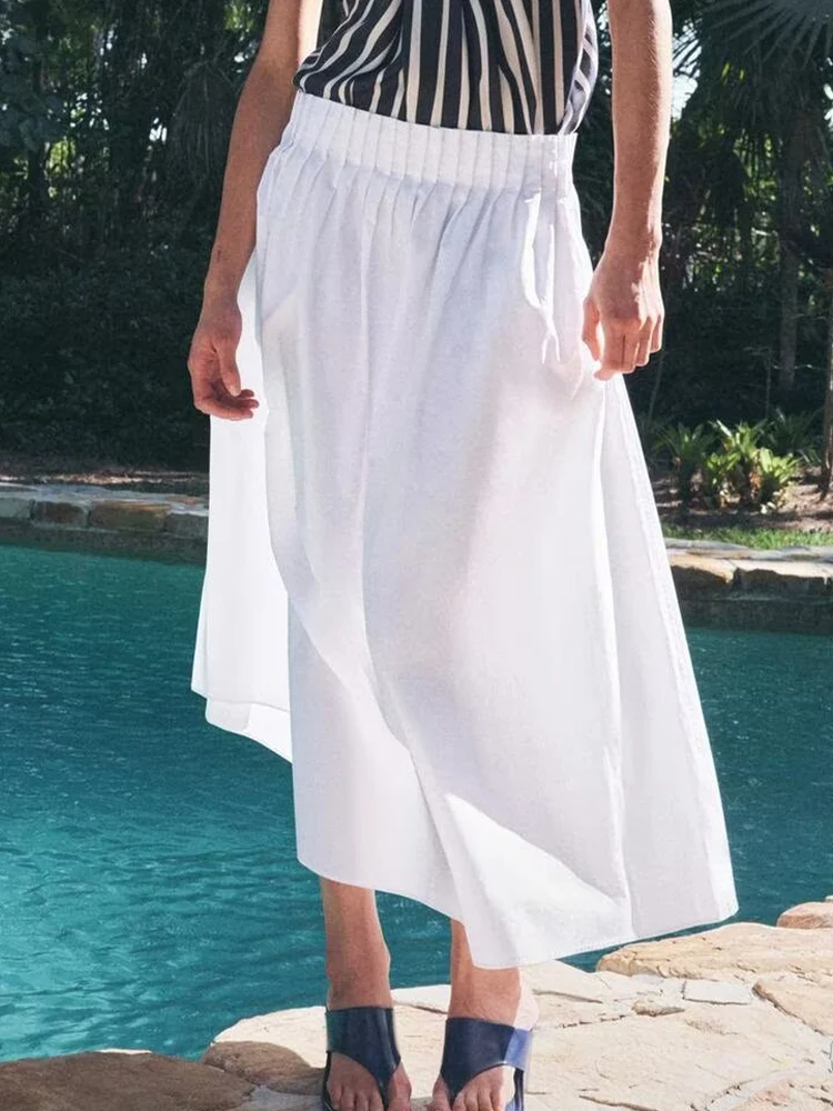

European and American style spring and summer new women's cotton high waist A-line hem poplin temperament midi skirt