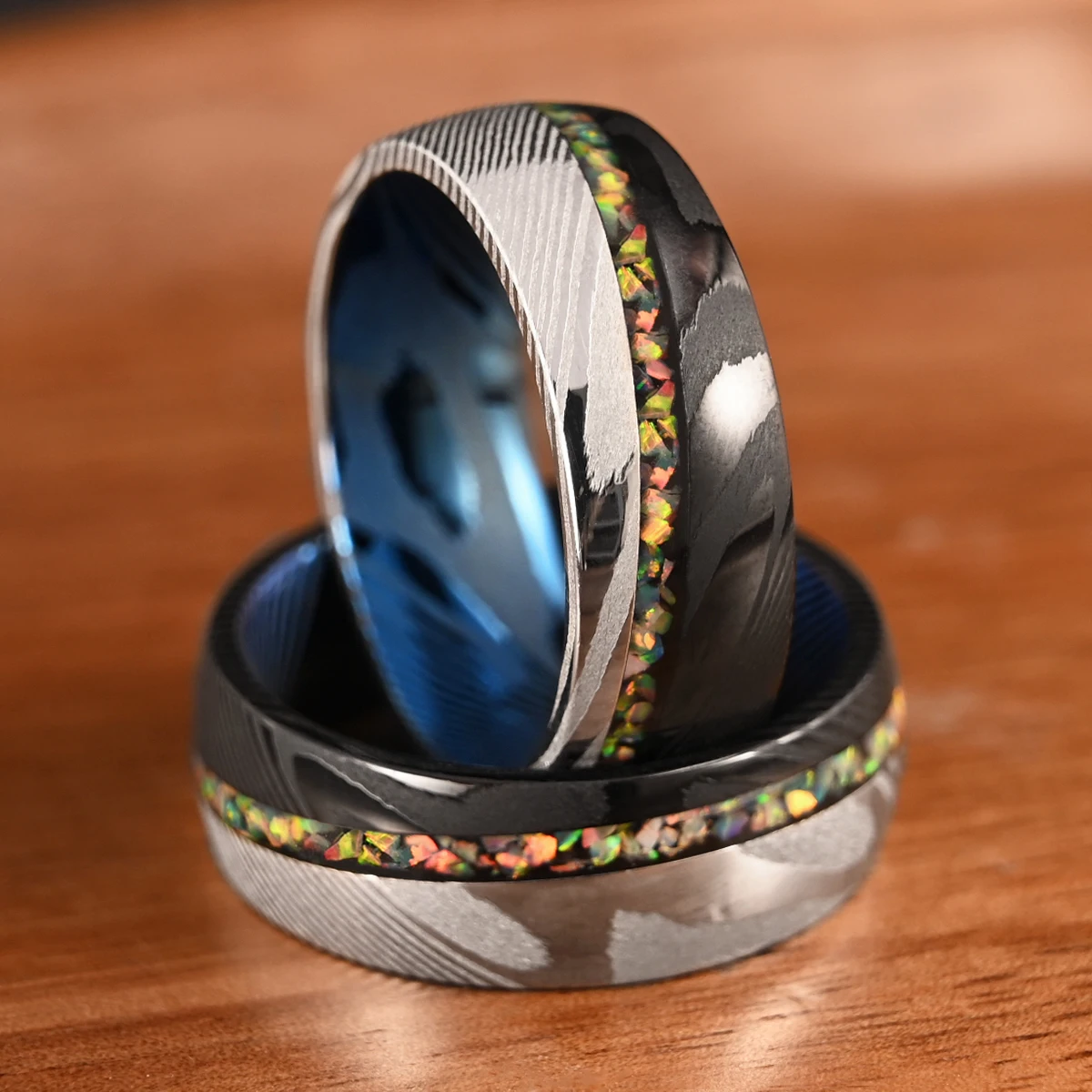 8MM Black&Silver&Blue Damascus Steel Men's Wedding Bands Inlaid Colorful Opal Classic Hammered Engagement Promise Daily Rings