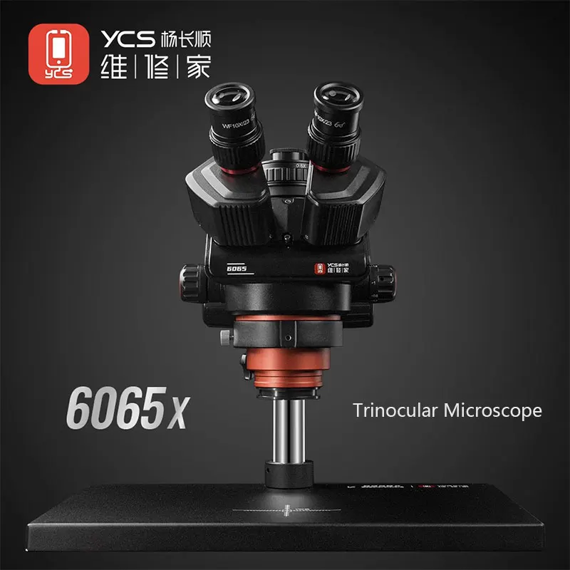 YCS 6065X 三眼顕微鏡 - 0.5X-5X 連続ズーム、10X 広視野接眼レンズ、PCB 修理およびはんだ付け用の上下フォーカスノブ
