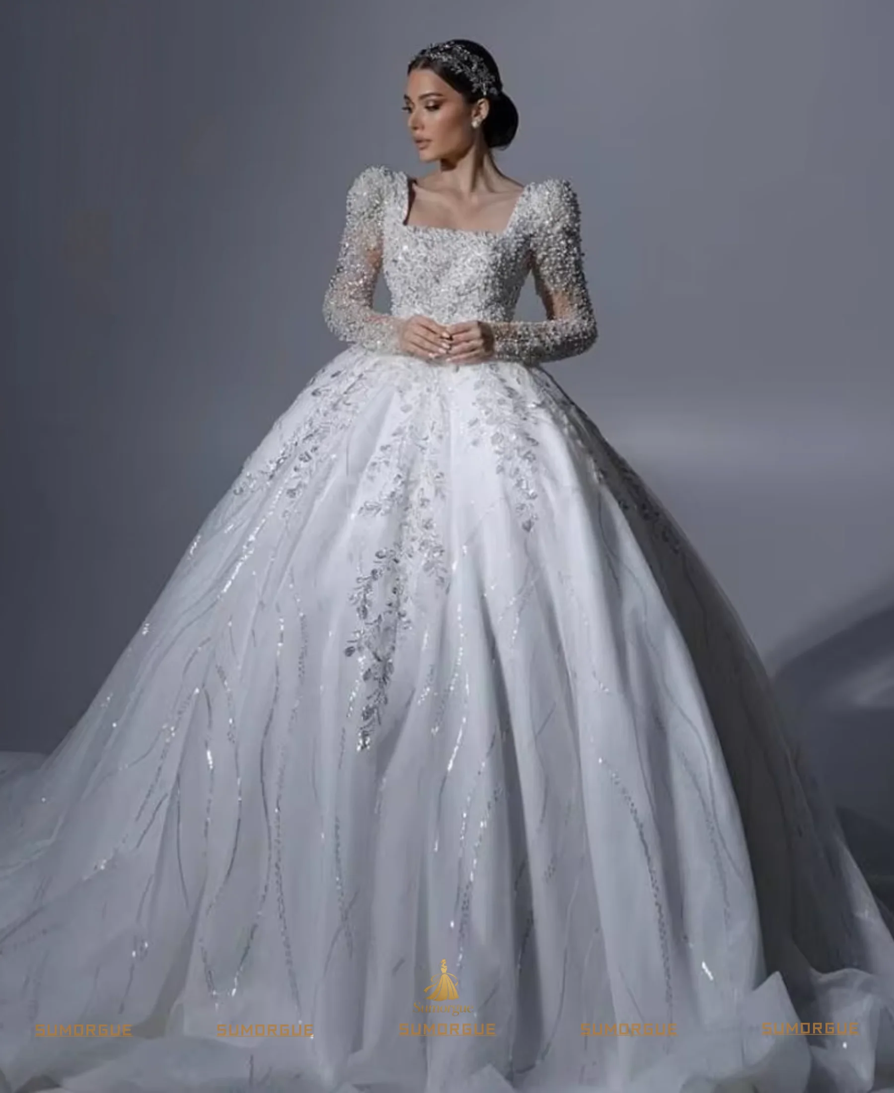 Luxury Ball Gown Wedding Dresses Boat Neck Long Sleeve Lace Sequined Princess Bridal Gowns High-end Customized Vestidos De Novi
