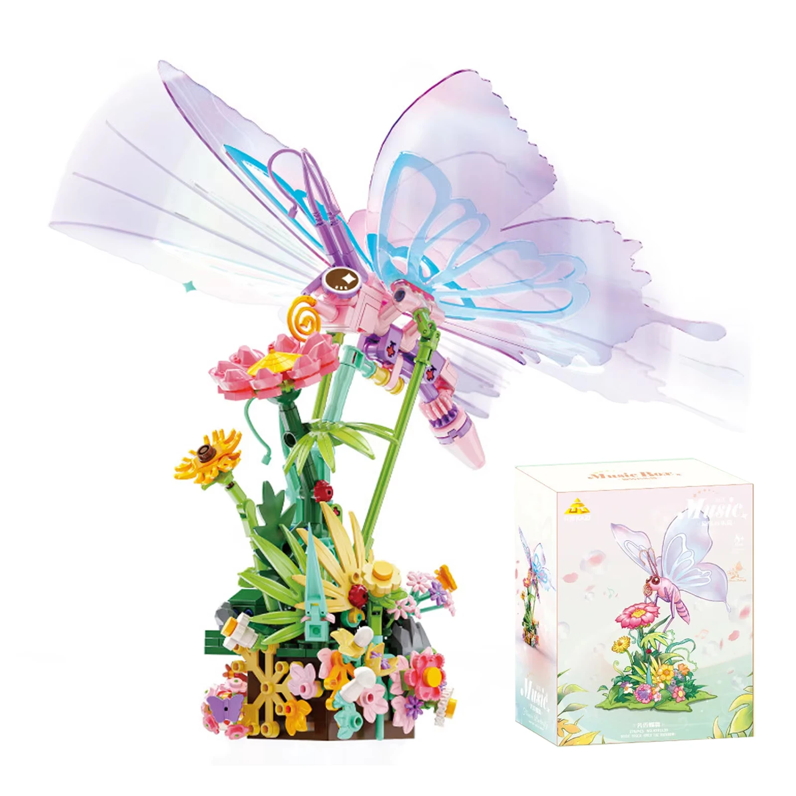 Colorful Butterfly Wings 278PCS with Interactive Music Box Animal Model Small Particle Assembly Building Blocks Nature DIY Gift