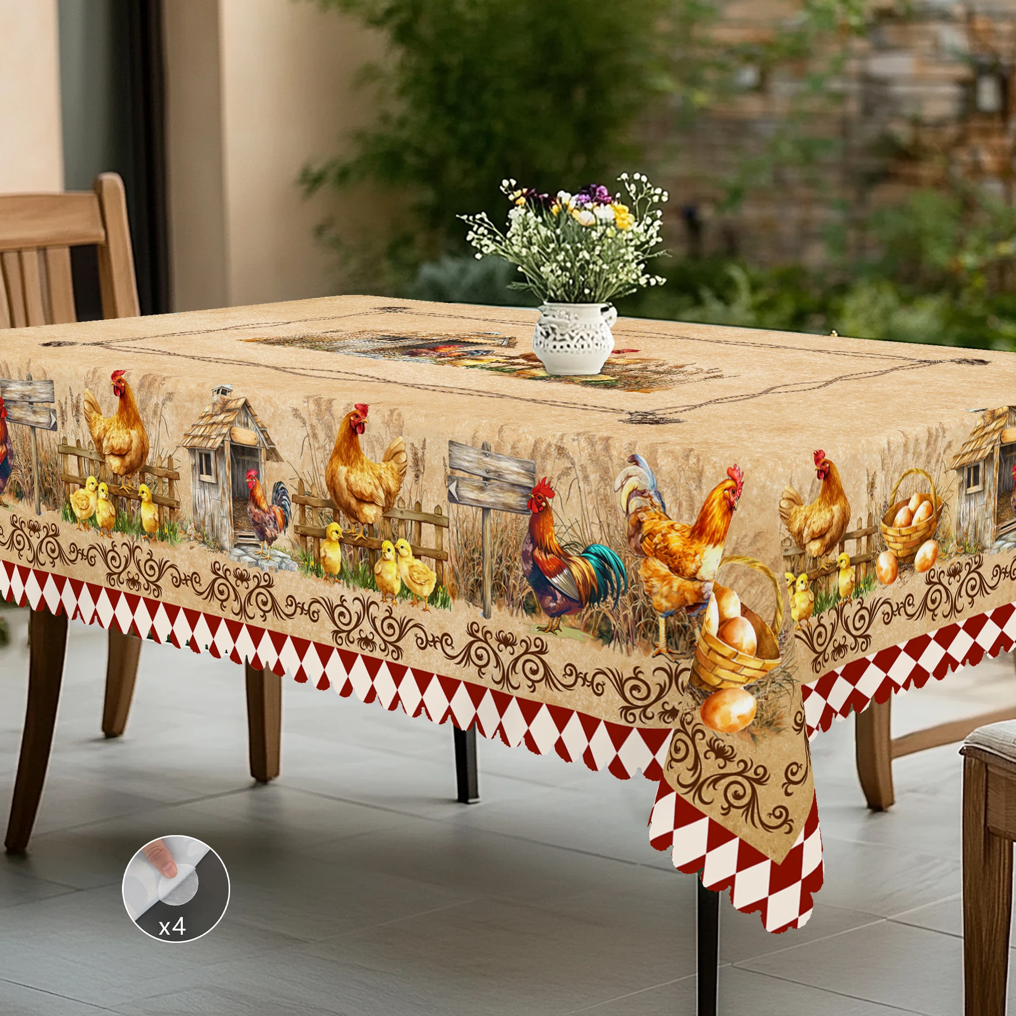 1 Piece of Retro Country Farmhouse Chicken Theme Printed Tablecloth, Farmhouse, Chicken, Plaid Frame Pattern Design, Suitable for Holiday Parties, Garden Birthday Party Decoration, Camping Picnic Decoration, Kitchen Accessories, Restaurant, Terrace, Indoor and Outdoor Tablecloth, Perfect Gift for Friends, Multiple Sizes Available