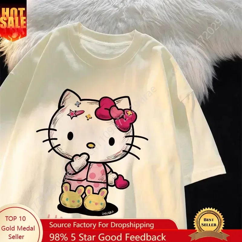 

Sanrio Hello Kitty Cartoon Graphic Academic Atmosphere Cotton Print T-shirt Top Women Fashion Summer Y2K Print T-shirt Cosplay