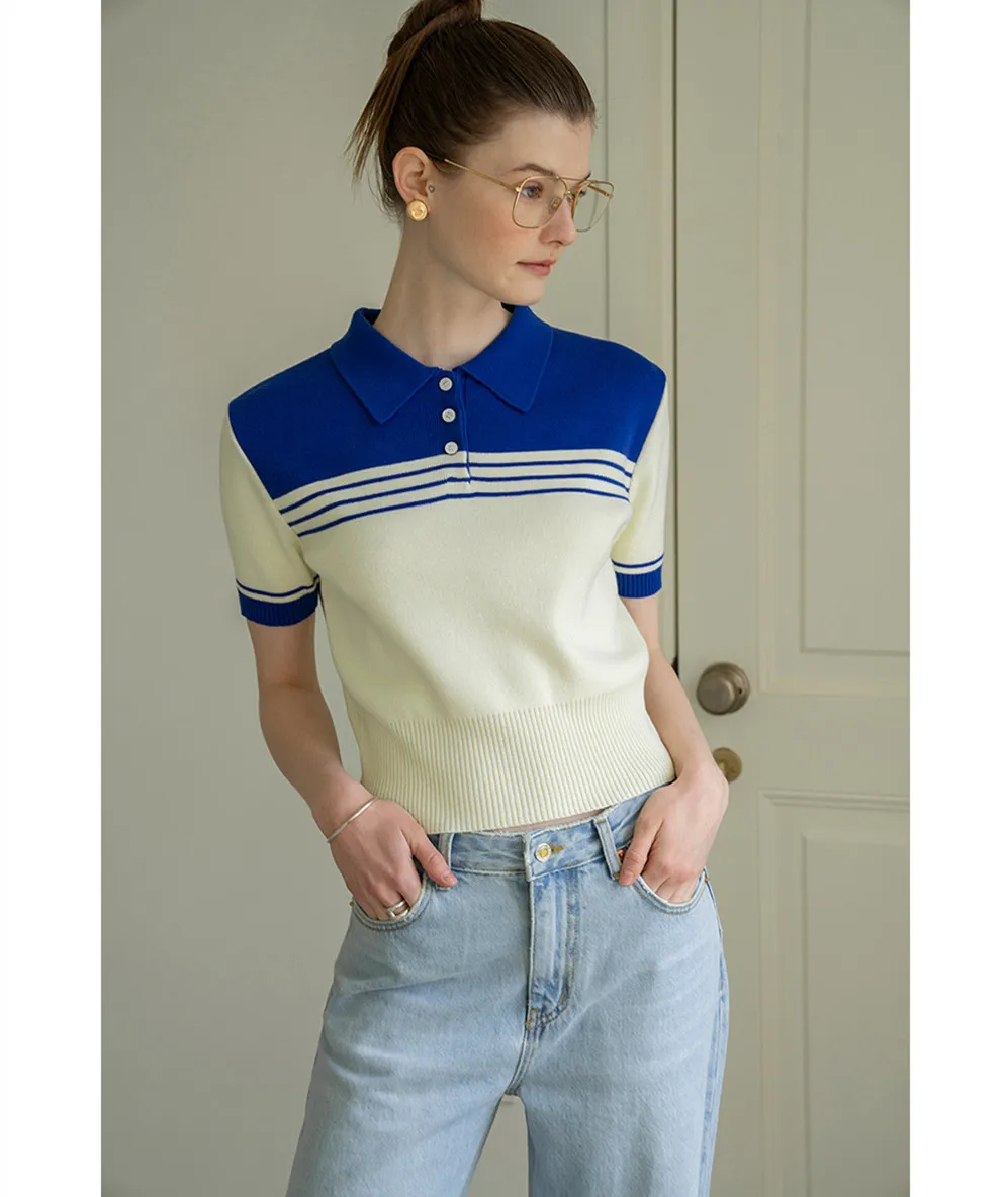 

Spring Summer Women's Short Sleeve Polo Neck T-Shirt Slim Fit Knitted Wool Fashionable Casual Top for Ladies