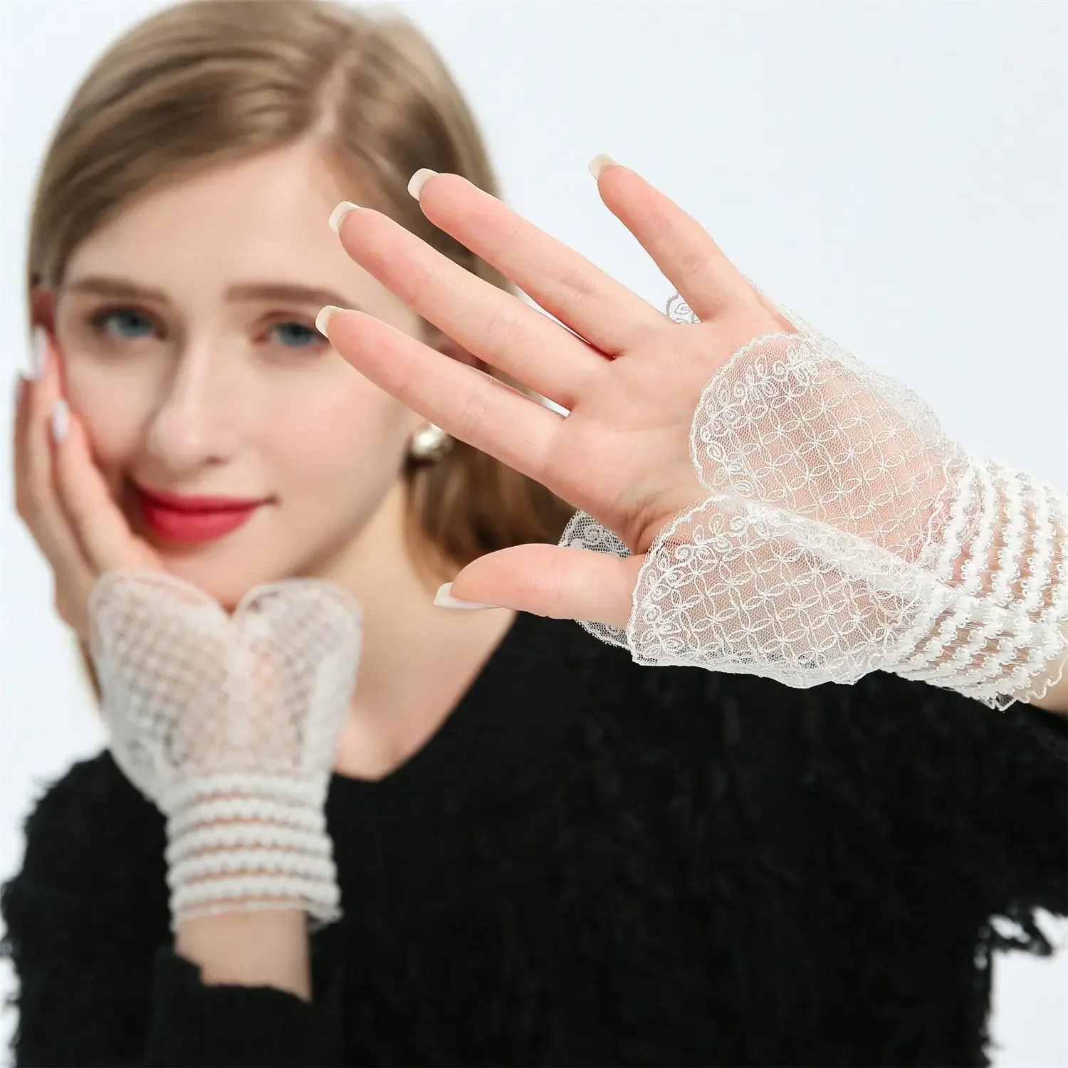 Women's Detachable Cuffs Lace Floral Mesh Fake Sleeve Flared Sleeves False Cuffs Sweater Blouse Horn Cuffs Wrist Warmers
