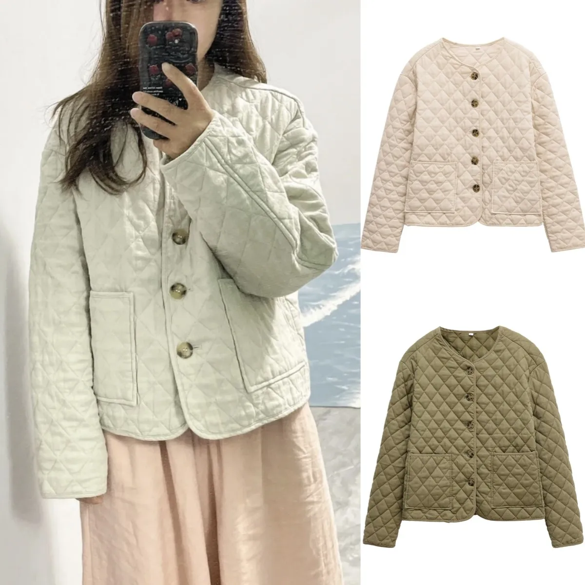 

LIBIELIY Spring New Women's Round Neck Long Sleeve Cotton-padded Coat Coat Plaid Quilted Large Pocket Cotton-padded Coat