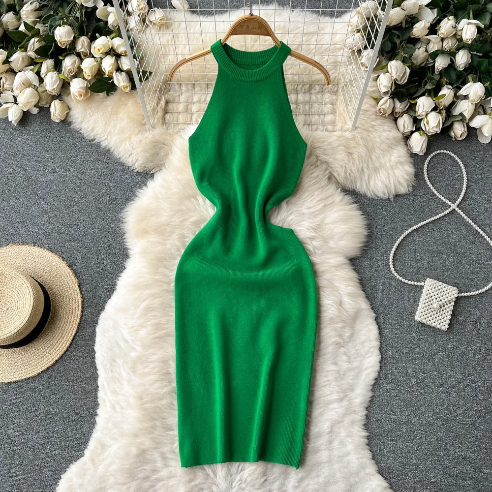 YuooMuoo Women Dress Sexy Hollow Out Waist Wrap Hips Knitted Mini Dress Women Sleeveless Slim Elastic Bodycon Summer Dress