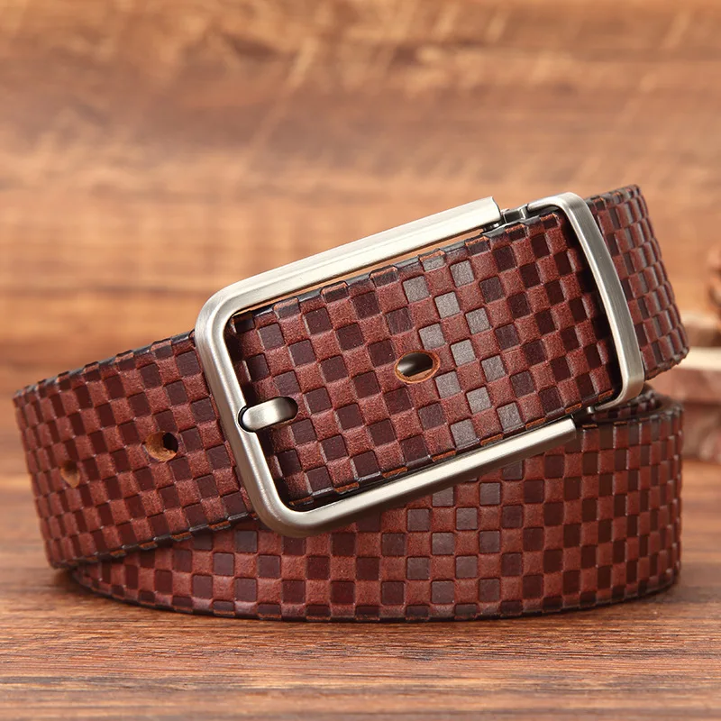 men-top-grain-cowhide-pin-buckle-leather-belt-compact-checker-weave-texture-natural-cowhide-surface-metal-pin-flexible-skin