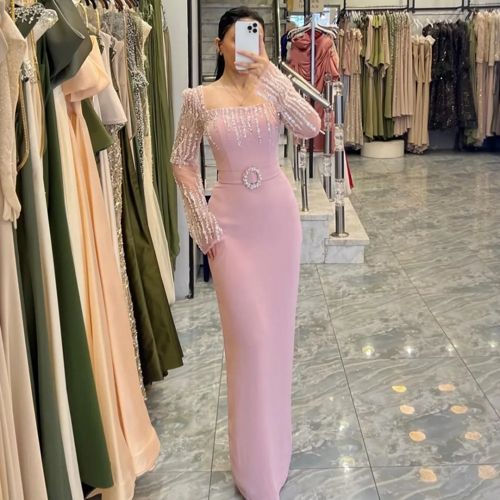 

Customized Modern Style Elegant Jersey Sequined Beading Column Square Neck Long Dresses Bespoke Occasion Dresses Matching Formal
