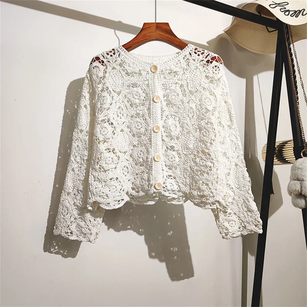 Lace Small Shawl Cotton Cardigan female 2024 spring and summer o neck long sleeve solid casual Versatile Hollow Cardigan Female