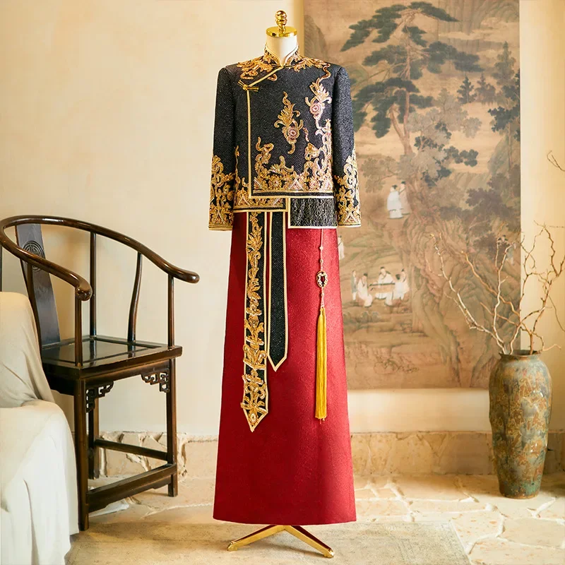 

Black Sloping Collar Men's Xiuhe Clothing 2024 New Wedding Chinese Style Dress Temperament Dragon and Phoenix Jacket