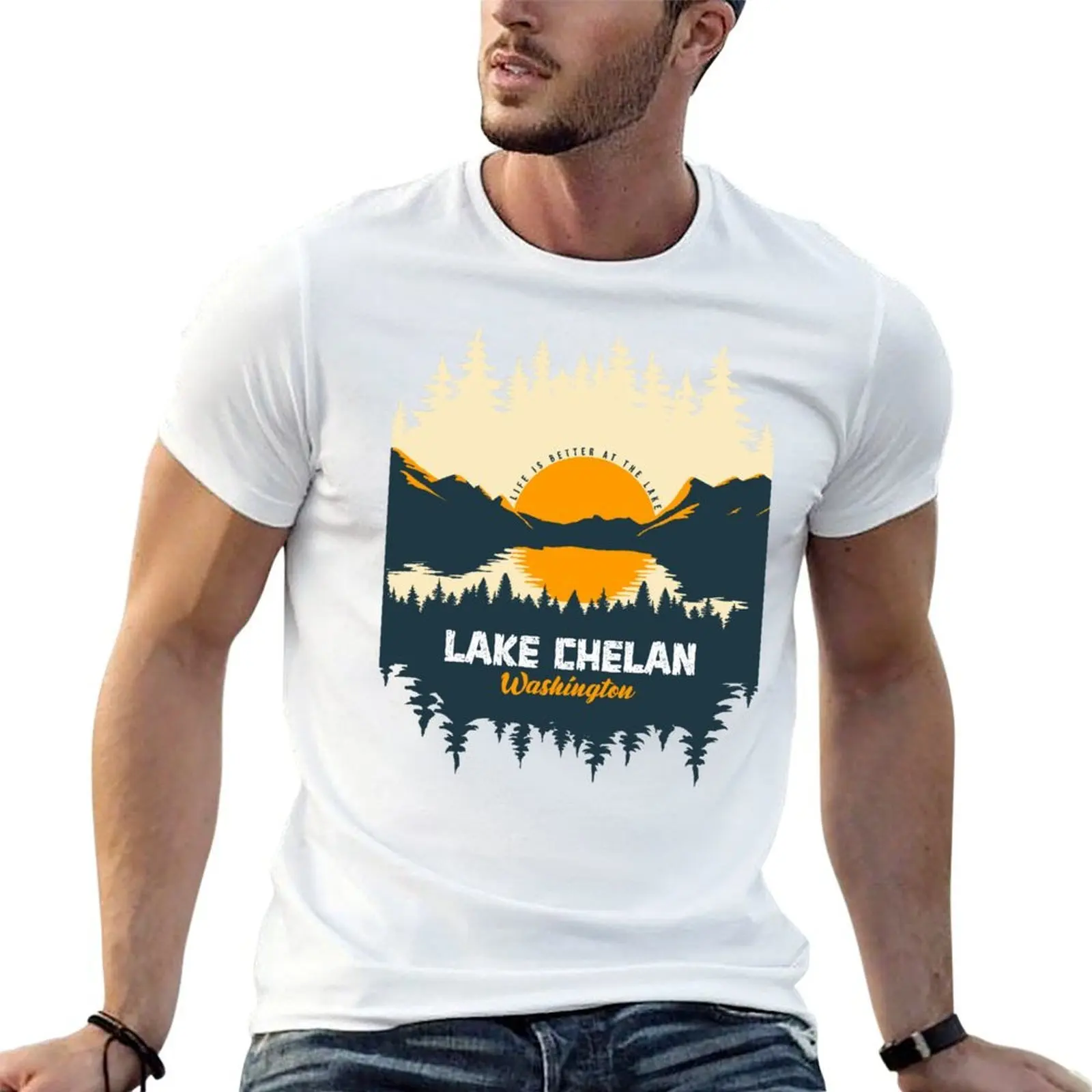 

Lake Chelan Washington United States Lake With Mountain And Pine Tree T-Shirt t shirts for man graphic tees anime tshirt T-Shirt