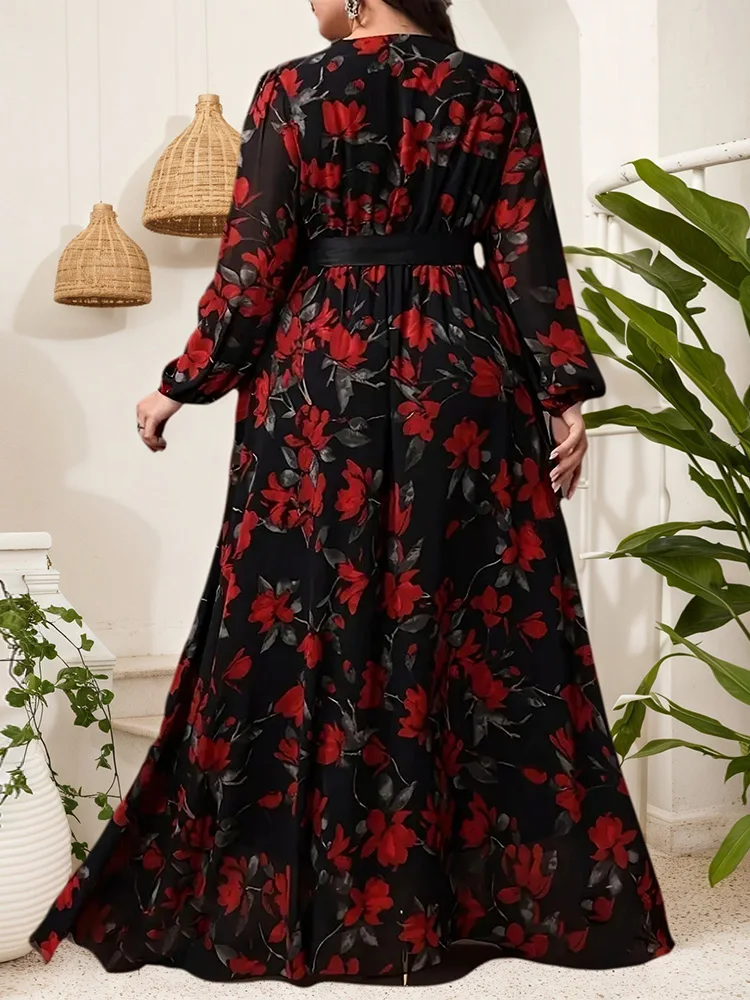 GIBSIE Plus Size Floral Print V-Neck Belted Dress Women Spring and Autumn Bohemian Vacation Long Sleeve Elegant Maxi Dresses