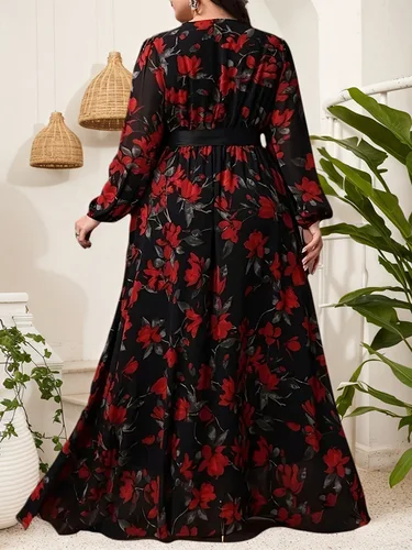 Imagen 2 del producto GIBSIE, vestido de talla grande con estampado Floral y cuello en V con cinturón para mujer, vestidos largos elegantes de manga larga para vacaciones bohemias para primavera y otoño
