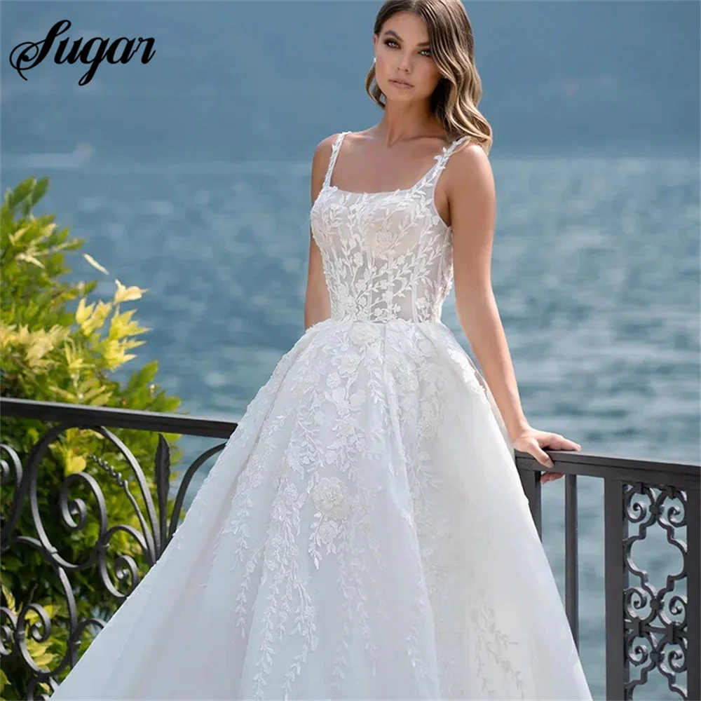 

Side Slit Square Collar Lace Wedding Dress Sleeveless Backless Appliques A-Line Bridal Gowns Vintage Bride Dress suknia ślubna