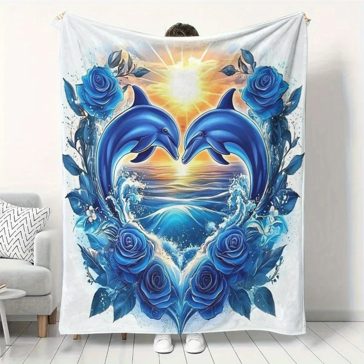 1pc of Blue Rose Heart Dolphin High-definition Digital Print Flannel Blanket, Soft and Warm Blanket - Suitable for Sofas, Office
