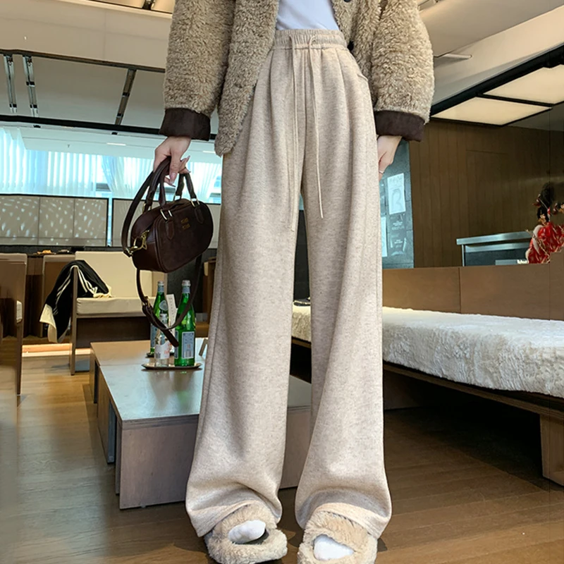 Pantaloni a gamba larga dritti a vita alta Donna Autunno Inverno Addensare Peluche Pantaloni caldi in peluche Donna Pantaloni casual larghi con lacci Donna