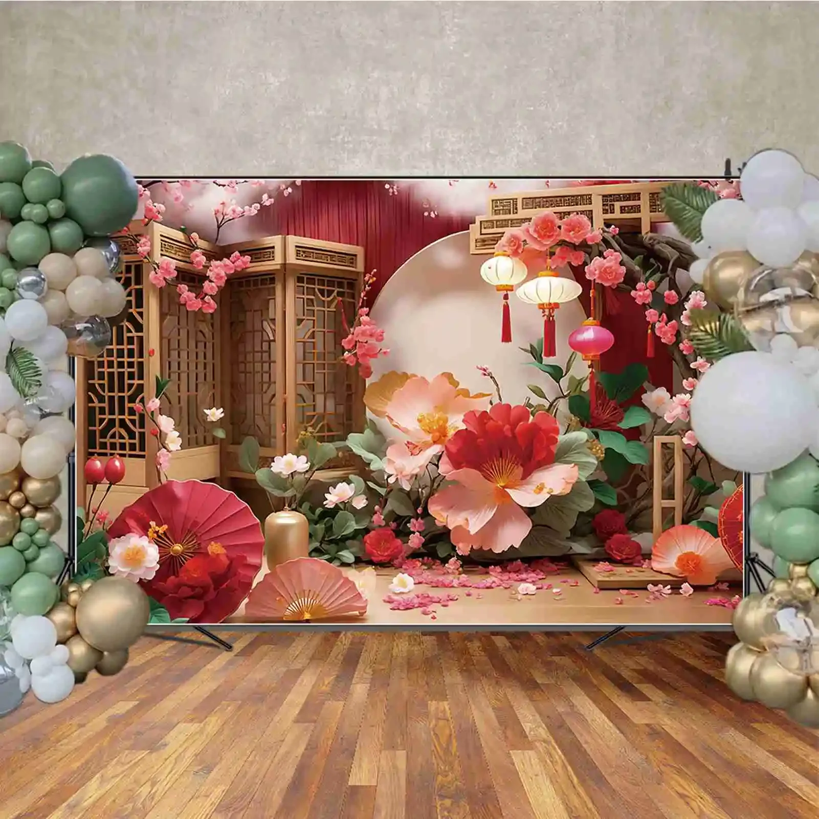 MOON.QG Chinese Spring Festival Photography Background Paper Flowers Cloud Plum Biossom Photocall Backdrop Children Photo Studio