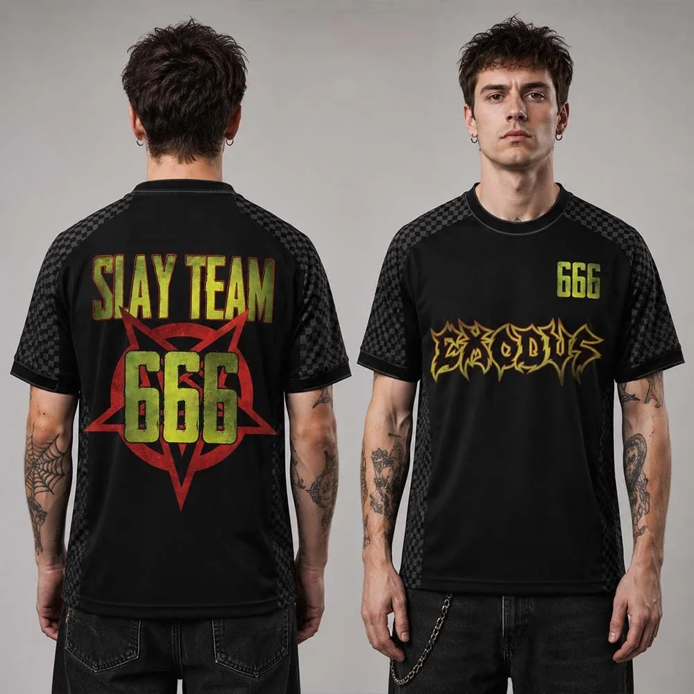 2026 New Exodus Slay Team 666 Pentagram Raglan Soccer Jersey Thrash Metal Band 3D Print Fan Football T-shirt Family Clothing