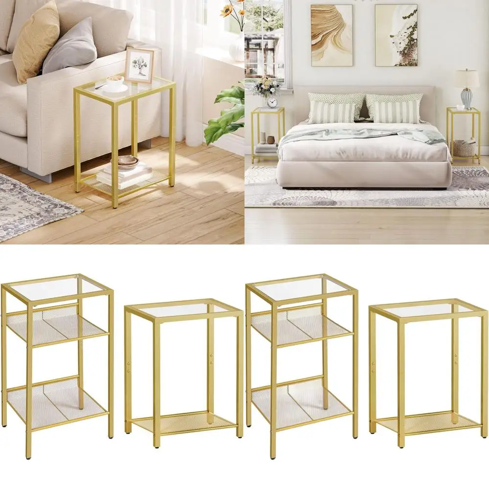 

3-Tier Glass End Table with Mesh Shelf for Sofa and Bedroom, Space-Saving Design