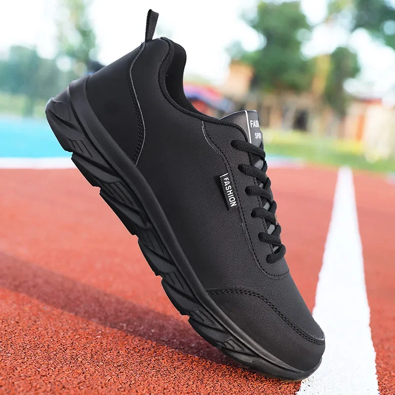 Men's Running Shoes Black PU Upper Flat and Comfortable Walking Shoes Lightweight and Wide Footed Casual Sports Leather Shoes