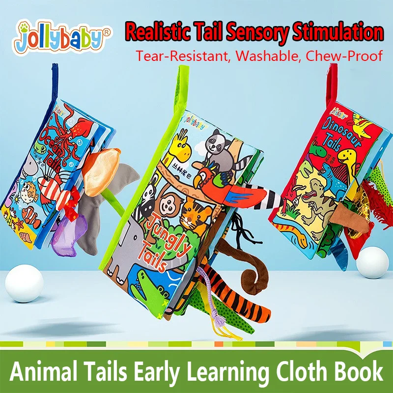 Jollybaby Baby Cloth Book, Animal Tails Crinkle Sensory Book, Teething Safe Soft Infant Toy 0-6 Months