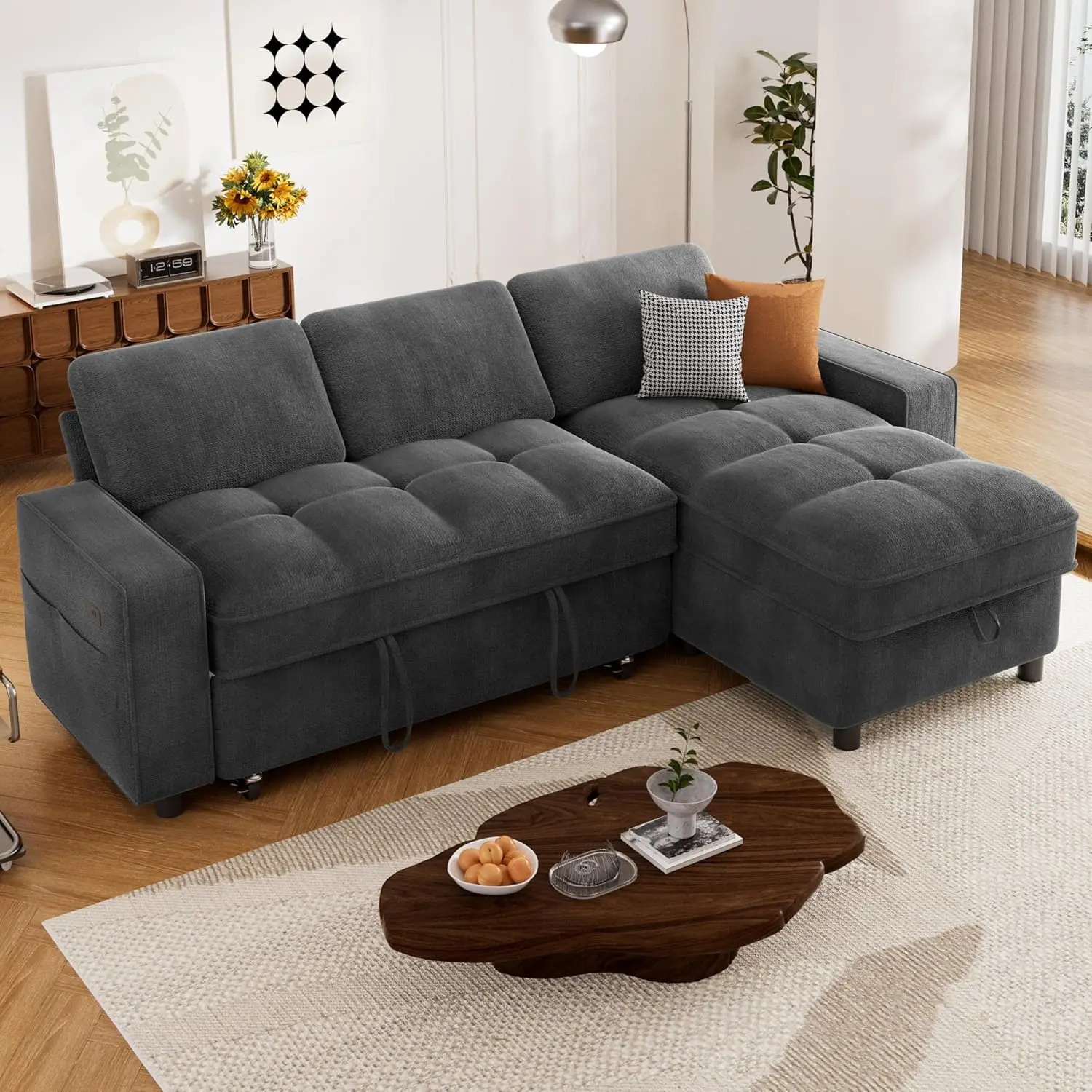 L Shaped Pull Out Sofa Bed, Reclining Backrest, Storage Chaise, USB Port, Side Pocket, Tool-Free, Chenille Grey, Customized