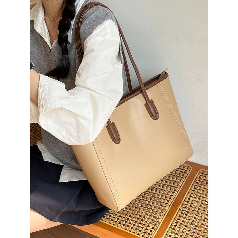 

Large Capacity Tote Bags for Women Contrast Zipper Fly Casual Shoulder Bags Female Versatile Commute College School Packs