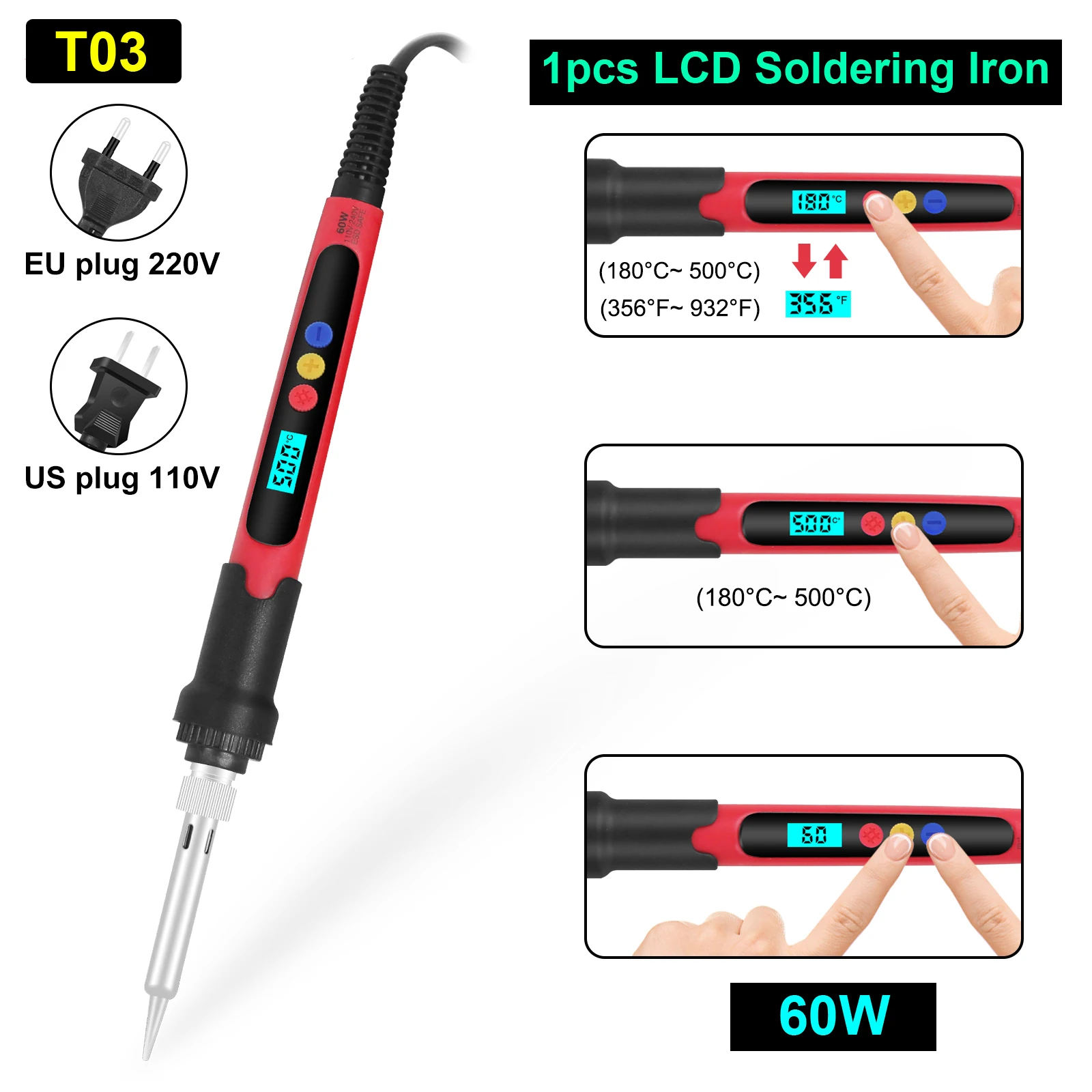 NEWACALOX 미니 디지털 디스플레이 전기 납땜 인두, 온도 조절 가능, LCD Screen180-500 °C 용접 수리 도구, EU/US, 60W