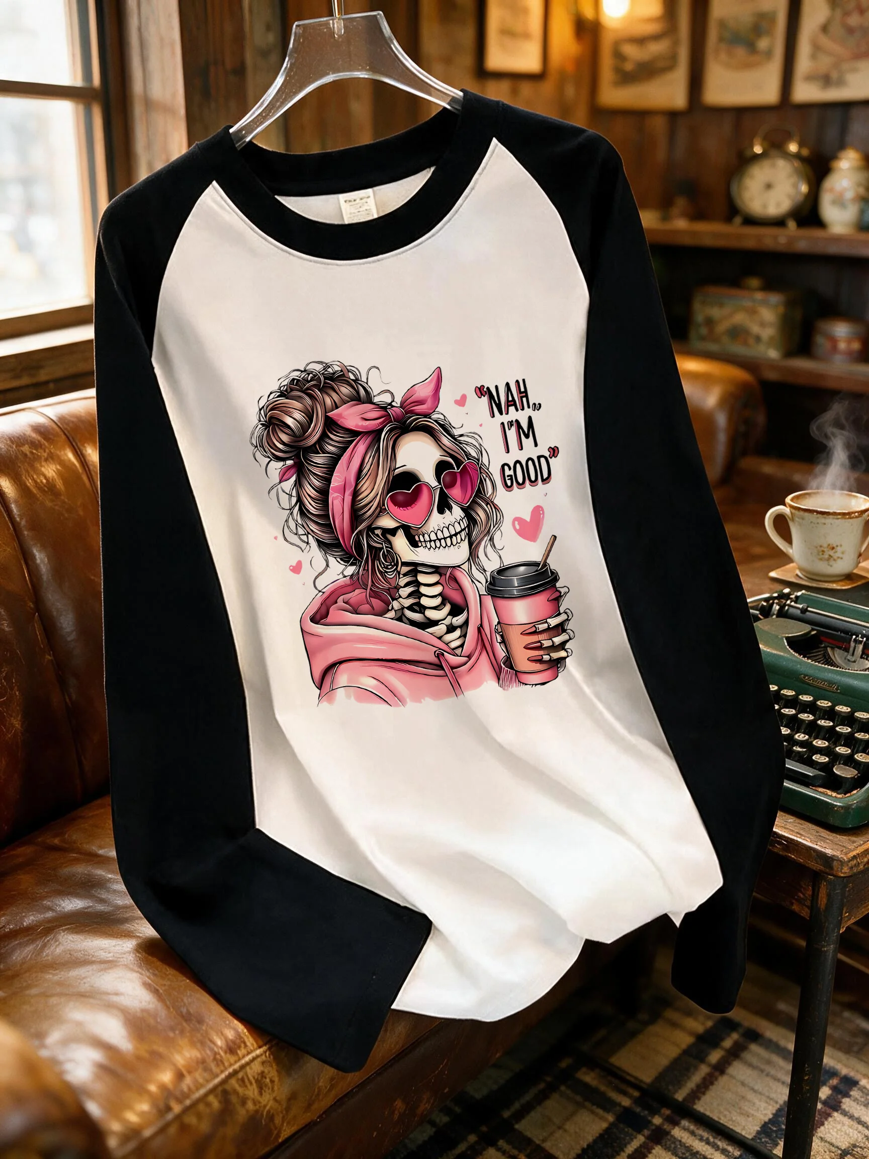 Women's Casual Y2k T-shirt Halloween Skull Portrait Skeleton Graphic Print Raglan Long Skeeve T Shirt for Day of The Dead Female