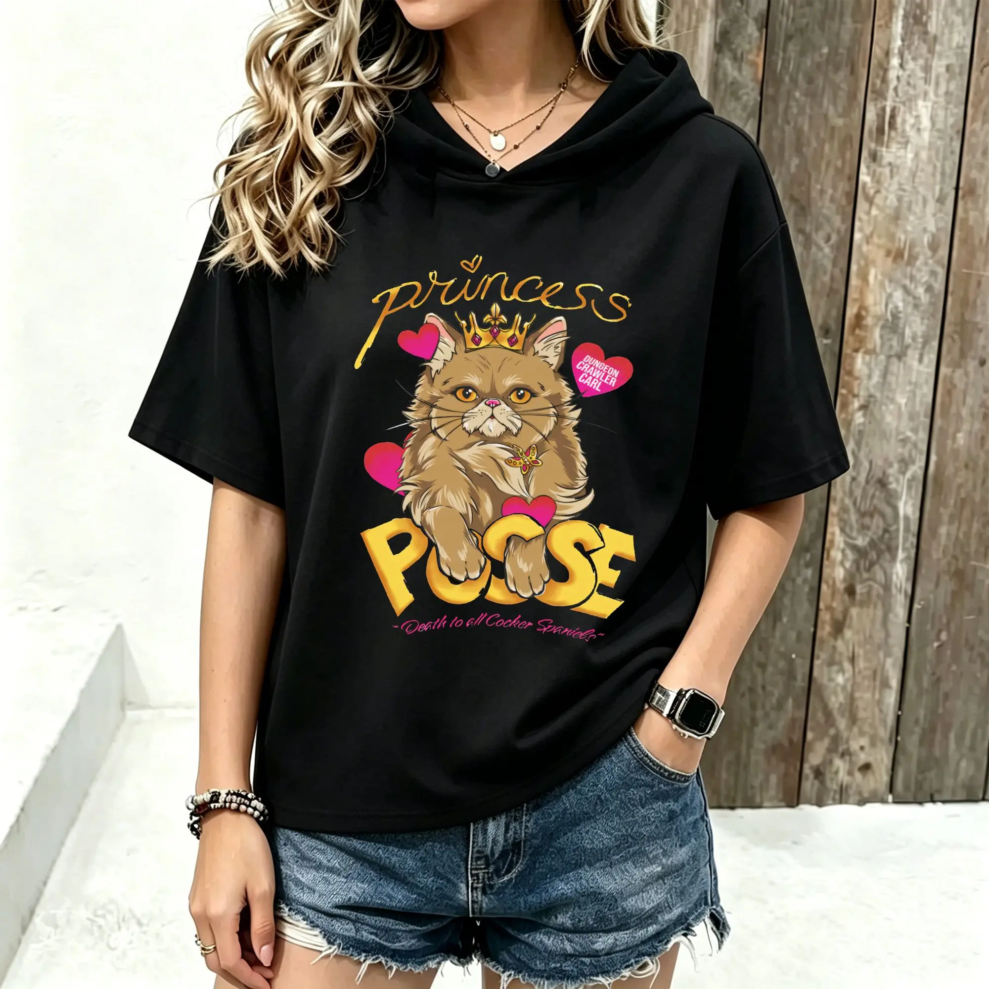 Women Short Sleeve Hooded T‑Shirt Princess Posse Crown Cat Heart Cute Cartoon Graphic Print Spring Summer Loose Hoodie Tee Streetwear Casual Short Sleeve Hood Tops