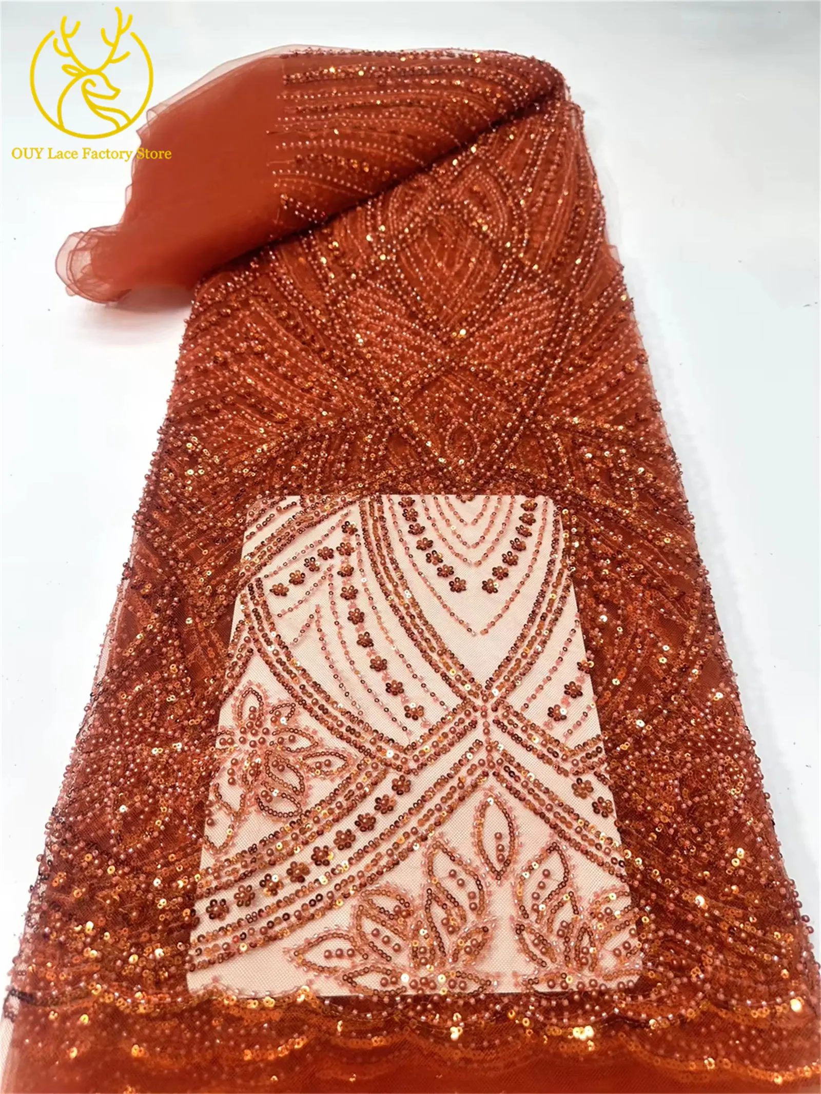 Luxuriöser orangefarbener afrikanischer Perlen-Mesh-Spitzenstoff, 5 Yards, bestickte Pailletten-Spitze, französische Tüllspitze für nigerianisches Hochzeitskleid – Detail 18
