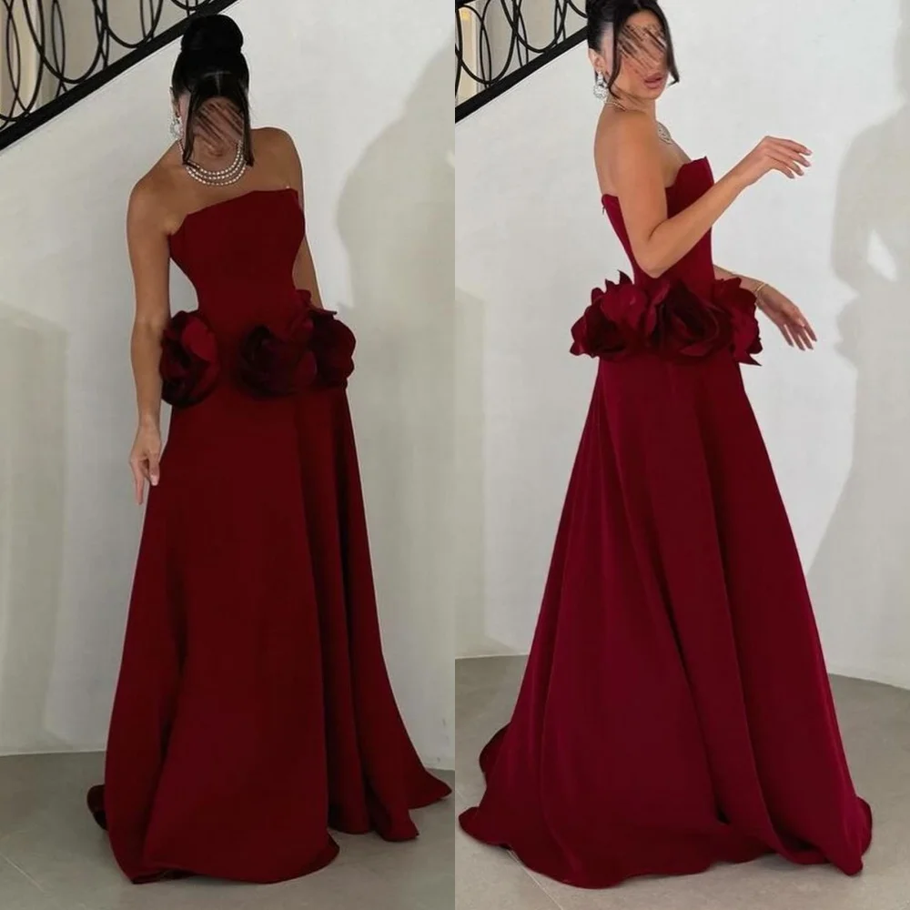 Customized Intricate Pleat Handmade Flower A-line Strapless Long Dresses Celebrity Dresses High Quality Exquisite Casual