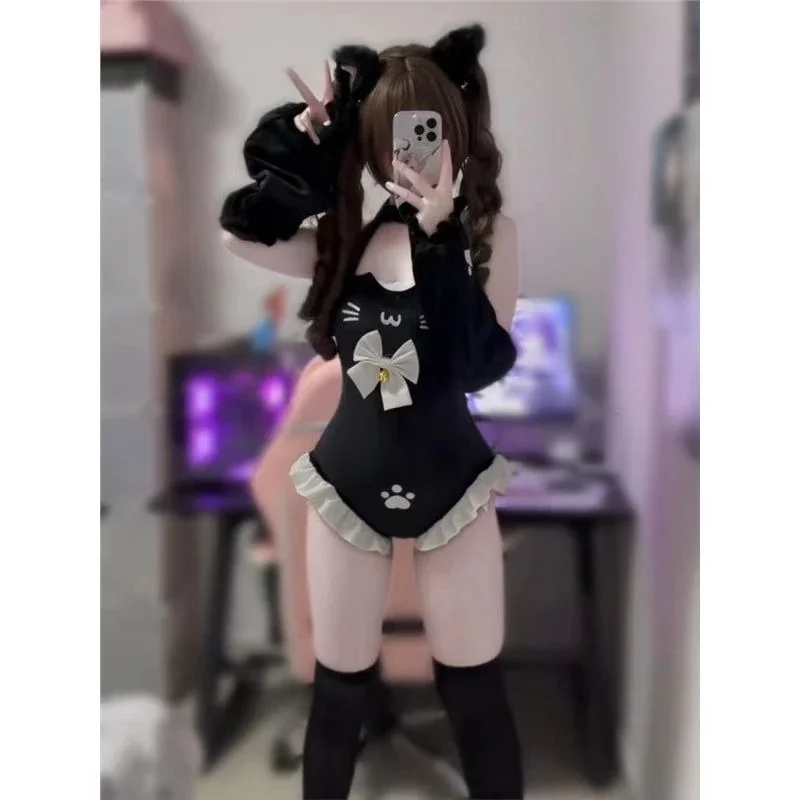 Japanese Cat Kawaii One-Piece With Bell & Bow + Arm Sleeve Cute Halter Top Bodycon Sexy Hot Girl Lace Trim Set Spring Summer - view 4