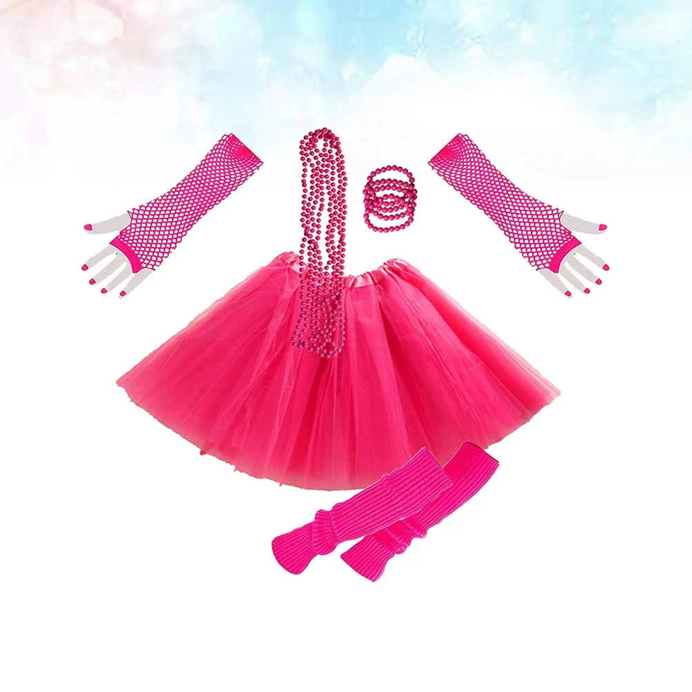 طقم ملابس تنكرية للحفلات تنورة شبكية من الشيفون باللون الأحمر الوردي فستان بتصميم مرن للفتيات على طراز 80S 70S إكسسوارات تنكرية