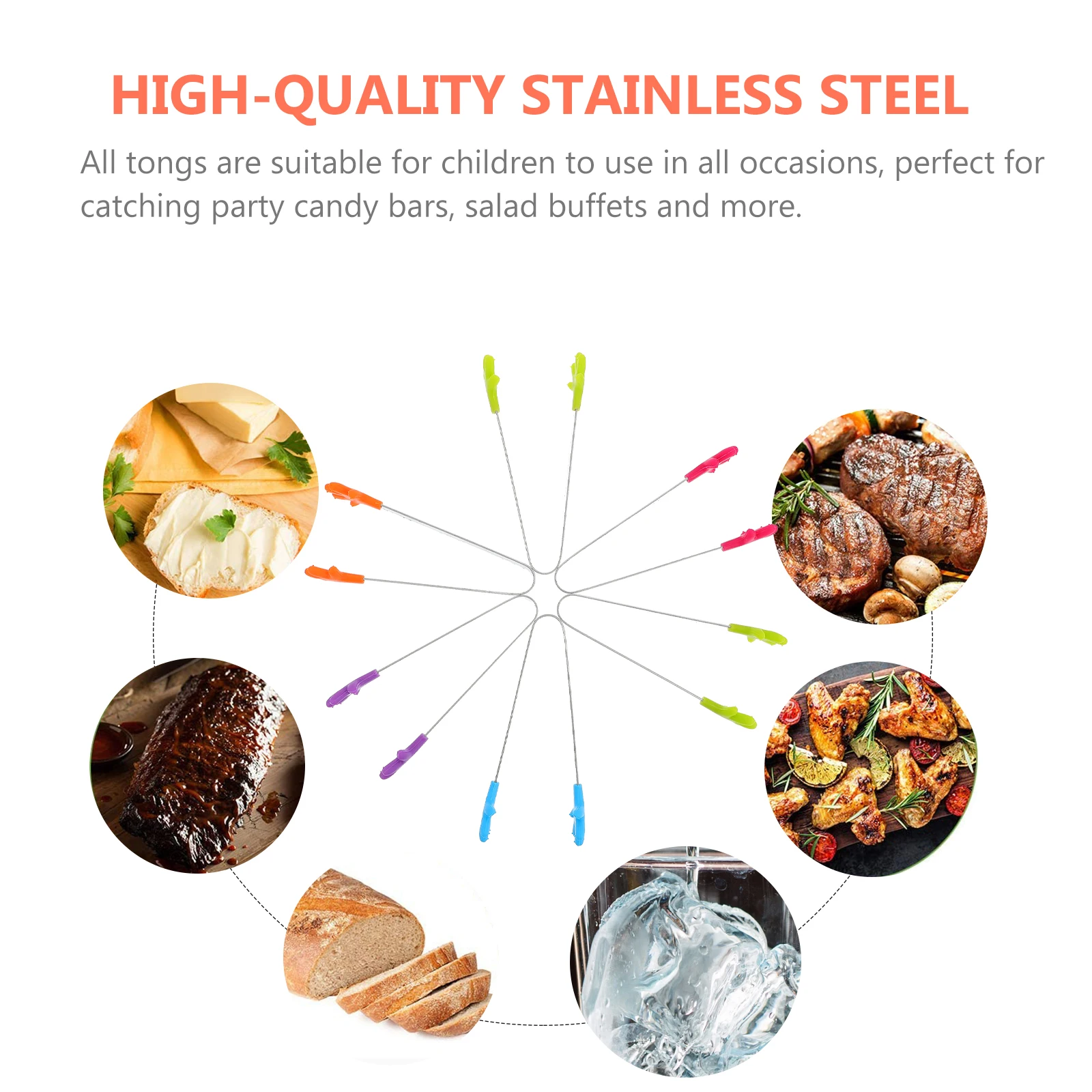 

6pcs Silicone Food Tongs Kids Kitchen Gadgets Heat Resistant Stainless Steel Mini Clips Candy Buffet Serving Tools