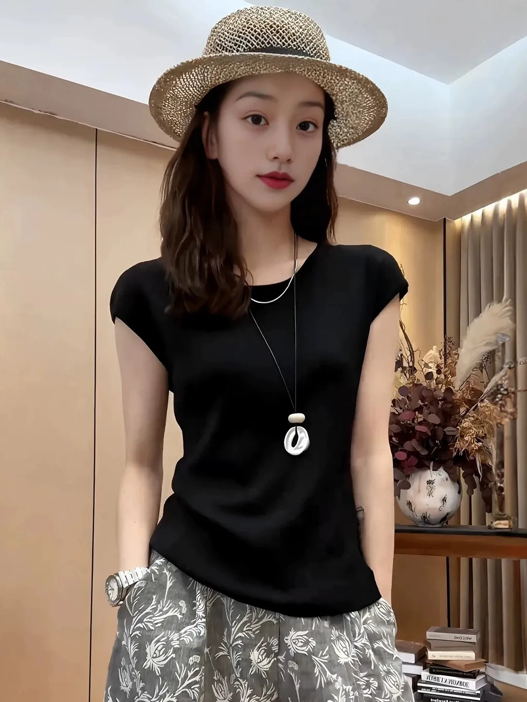 Stylish Black Hollow out Drawstring Short Sleeve Knitted Top Women Summer plus Size Beautiful Two-Way Wear Unique Fashionable
