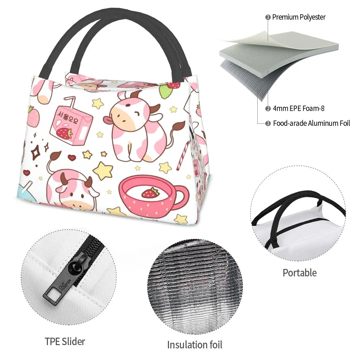 Aardbei Melk Roze Koreaanse Koe Kawaii Leuke Lunchtassen Bento Box Lunch Tote Picknickzakken Koeler Thermische Tas voor Vrouw Meisje School